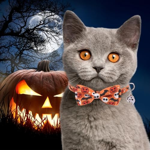 KOOLTAIL Halloween Cat Collar Breakaway with Bowtie and Bells, 3 Pack Cute Kitten Collars, Adjustable Safety Buckle Pumpkin Ghost Charm Pendant Pet Collars for Kitty Boys Girls Cats Holiday Orange