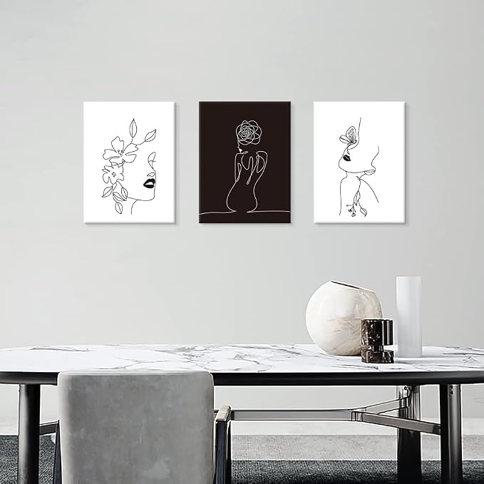 Chadow Artwork Minimalist Line Art Prints Set of 3 Abstract Women Faces Flower Wall Art Black and White Line Drawing Painting Modern Aesthetic Poster for Girls Bedroom Bathroom Living Room Decor
