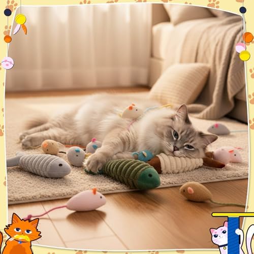 Leitee Cat Toys Bulk Plush Mice Set Fish for Indoor Kittens Puppies