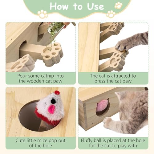 kathson Whack A Mole Cat Toy, Wooden Enrichment for Indoor Cat, Interactive Kitten Puzzle Toy for All Ages Cats Intelligence Training and Exercise (Rectangular)