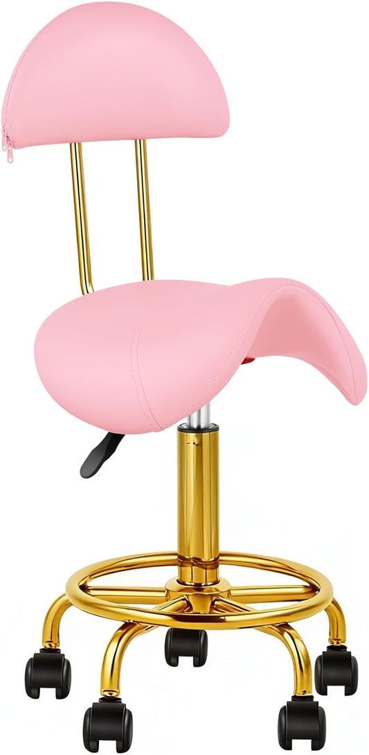 Saddle Chair Rolling Ergonomic Swivel Chair with Soft Comfortable Cushion and Wheels Hydraulic Adjustable Stool for Home Office Dental Tattoo Salon Shop Use with Backrest (Pink Gold)
