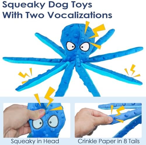8 Pack Squeaky Octopus Plush Dog Toys for Aggressive Chewers, No Stuffing, Crinkle, Durable Interactive, 4 Colors