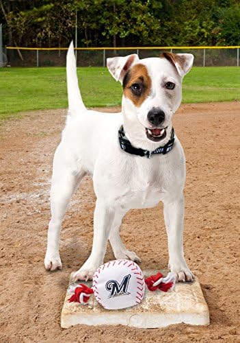 Pets First MLB Milwaukee Brewers Baseball Rope Toy for Dogs & Cats. Tough Nylon, Sporty Baseball Design, Heavy-Duty Ropes with Inner Squeaker