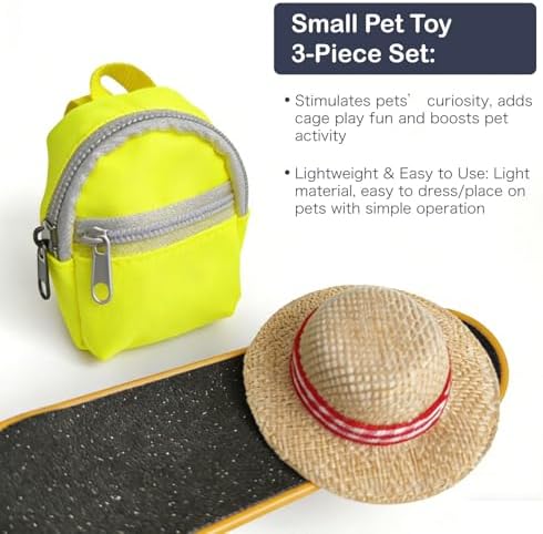 3 Pack Bearded Dragon Toy Set Includes a Bearded Dragon Backpack, an Adjustable hat, and a mini Skateboard Toy, for Small Reptile Pets Such as Lizards, Hamsters, Parrots, and Turtles.（Yellow）