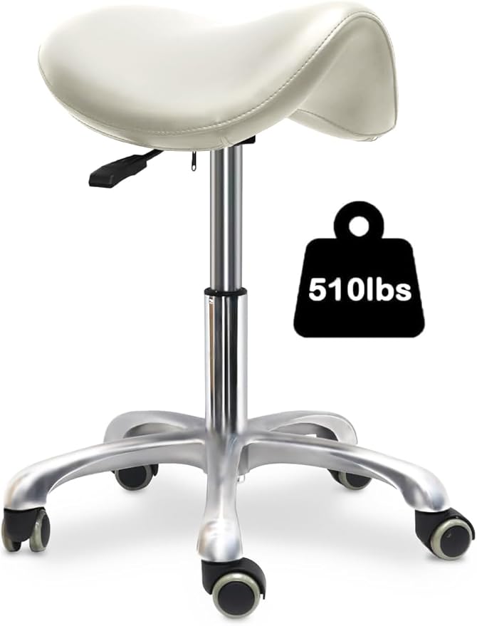 Saddle Stool with Wheels,Rolling Stool,Rolling Chair Ergonomic Swivel Rolling Chair with Hydraulic Lifting Height Adjustable Rolling for Office Medical Massage Salon Drafting(White)