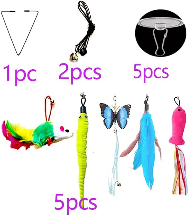 Door Hanging Cat Toys with Suction Cups, Interactive Hanging Feather & Plush Cat Toy with Bell, Assorted Replaceable Refills for Indoor Kitten Hunting Exercise & Boredom Relief (5 Pcs Assorted)