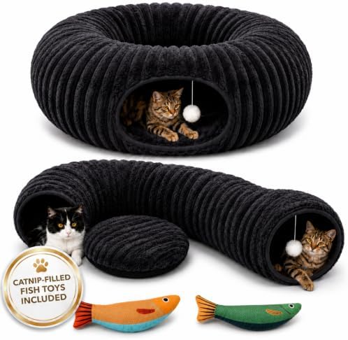 Cat Tunnel Bed with 2 Catnip Fish Toys (1000mg Natural Catnip) Interactive Cat Toys, Cat Tubewith Kitten Toys for Indoor Kittens, Collapsible Play Tunnel, Dark Grey