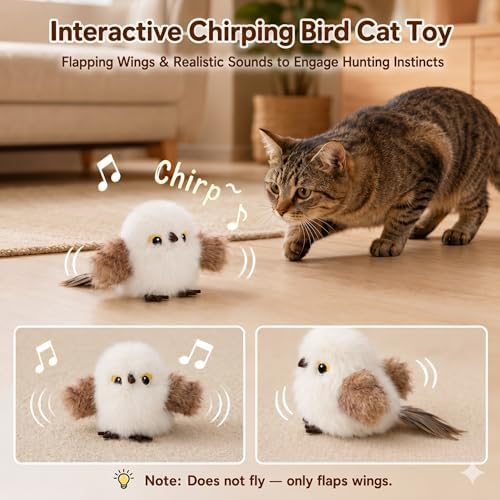 Flapping Bird Cat Toy, White Sparrow Plush Touch Activated Bird Chirp Cat Toy with Refillable Catnip, USB Rechargeable Interactive Kitten Exercise Toy,4.92"(No Flying)