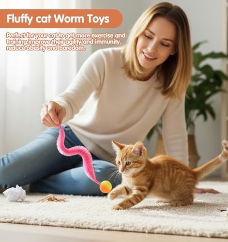 7pcs Worm Cat Toy,Nerf Cats Ball with Worm,Cat Toy Fuzzy Worms with Ball, Durable Cats Balls Toys with Soft Rope Tail,Interactive Colorful Fuzzy Balls for Pet Party Favors,Rainbow Colors