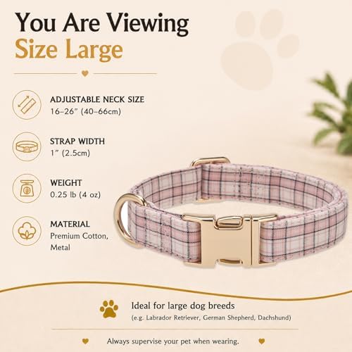 Soft Cotton Dog Collar Classic Plaid Pet Collars with Metal Clasp for Large Dogs with Sensitive Skin, Blush Pastel Tartan