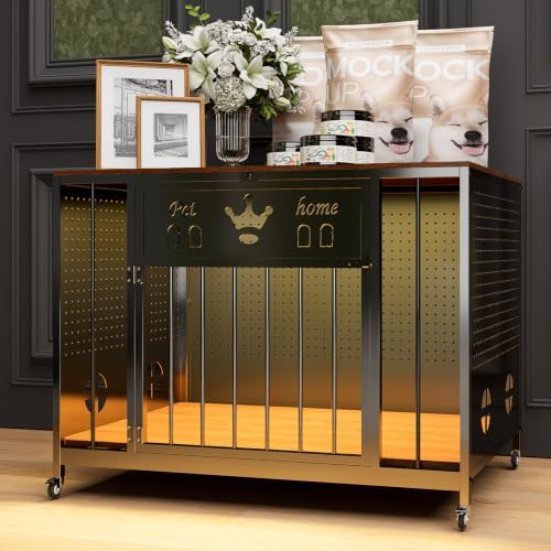 31.5" Iron Pegboard Dog Crate Furniture with Wooden Top &Remote RGB Light
