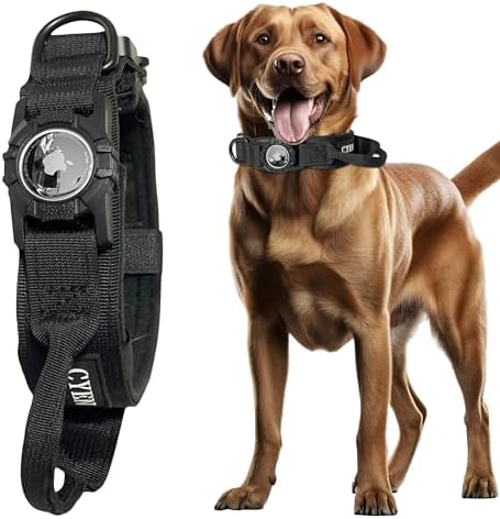 Heavy Duty Tactical Dog Collar with AirTag Holder, Adjustable GPS Tracking Collar for Small, Medium & Large Dogs, Compatible with Apple AirTag, Includes Control Handle for Added Security (Black, S)