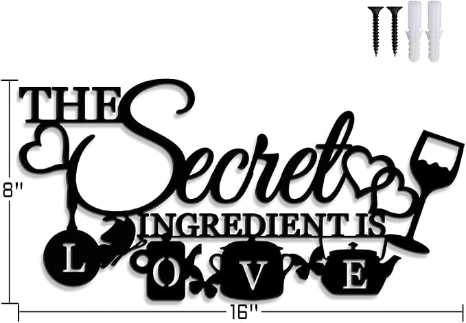 XORT The Secret Ingredient is Love Metal Wall Art Sign, Farmhouse Dining Room Kitchen Wall Decor Housewarming Gift Counter Pantry Sign (Black -16 x 8 inch)