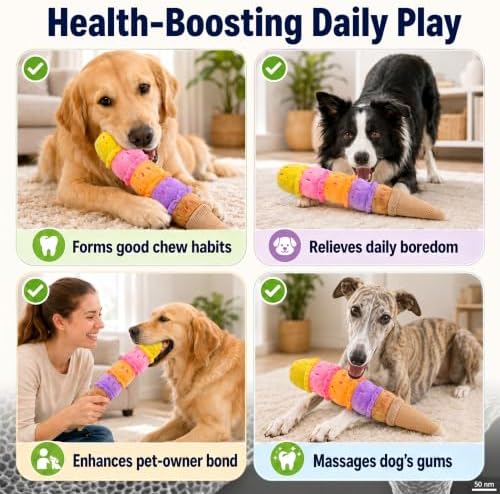 Squeaky Dog Plush Chew Toy, Interactive Tug Squeaky Toy for Chewers, Medium & Large Dogs & Fetch Play, 17.7 in Stuffed Rainbow Ice Cream Toy with Soft Short Plush for Gentle Gum Care & Boredom Relief
