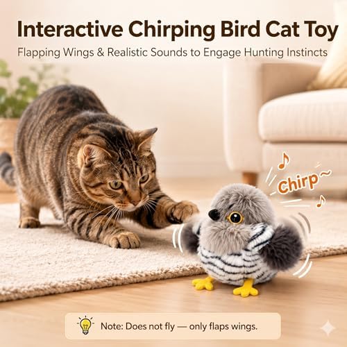 Flapping Bird Cat Toy, Cuckoo Plush Touch Activated Bird Chirp Cat Toy with Refillable Catnip, USB Rechargeable Interactive Kitten Exercise Toy,4.92"(No Flying)