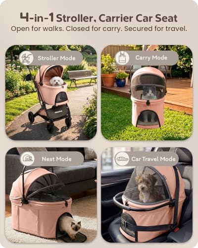 Pet Stroller with Detachable Carrier for Small & Medium Dogs & Cats, Smooth Comfort Ride with Shock-Absorbing Suspension, Foldable Dog Stroller, Compact Storage (Peach Pink)