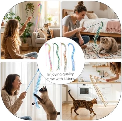 4 PCS Cat Stick Toy, String Cat Toy Multicolor Cats Interactive Wands Toys with Bells for Indoor Outdoor Cats Kitten Playing Have Fun Exercise