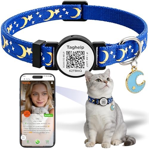 Breakaway Cat Collar with QR Code ID & Modifiable Profile, Upgraded Reflective Safety Collar - Free Lifetime Replacement, Adjustable Nylon, Star Moon Design (Blue)