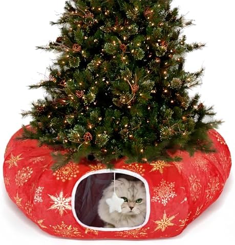 Cat Tunnel Bed for Indoor Cats, L Christmas Tree Skirts Washable Warm Soft Indoor Cat Donut Tunnel, Multifunctional Cat Interactive Playground Toys for Felines Pet Christmas Tree Decoration