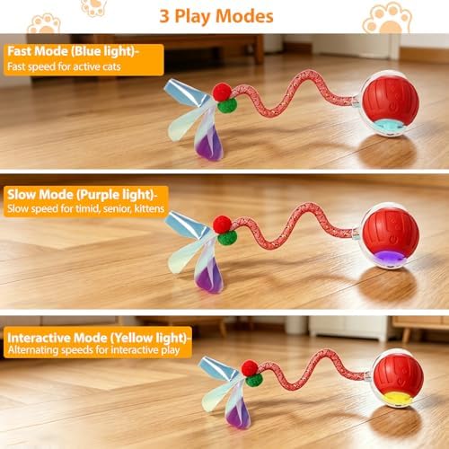 Interactive Cat Toys Ball for Indoor Cats, Automatic Self-Rolling, Motion-Activated, Bird Chirping Cats Dogs Ball Toy with Elastic Mesh Tail, Cat Enrichment Toys for Indoor Cats (Red)