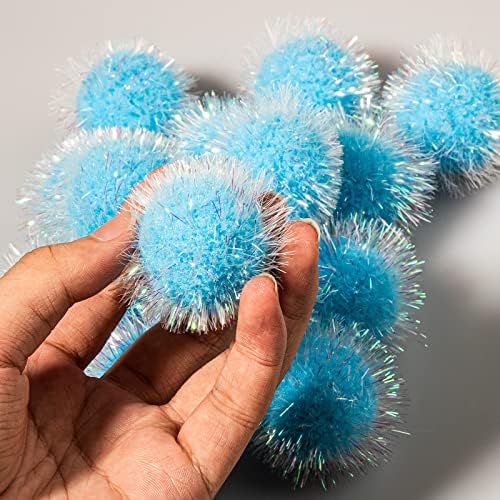 VAPKER 30 Pcs Cat Ball Toys Sparkle Balls Extra Large 2 Inch Cat's Favorite Chase Glitter Ball Glitter Tinsel Pom Poms Balls Light Blue Color