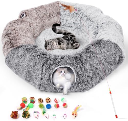 Large Cats Tunnels for Indoor Cats Fluffy Warm Cat Bed and Detachable Cave Tunnels with 20 Pet Toys, Donut Tunnel and Variety Kitten Toy Set for Playing