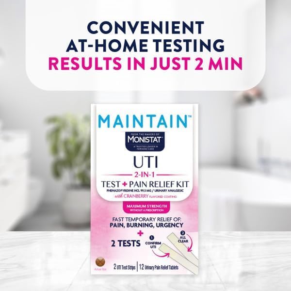 Monistat Maintain UTI Test and Pain Relief Kit, UTI Test Strips and Urinary Pain Relief Tablets, Cranberry Flavor Coating, 2 Test Strips and 12 Tablets (Pack of 4)