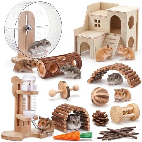 18 Pcs Hamster Cage Accessories, Silent Hamster Wheel 15 Toys Set
