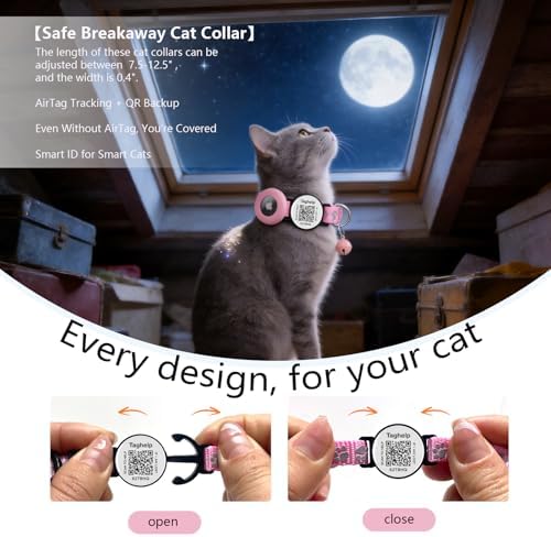 Airtag Cat Collar Breakaway with Bell & Reflective Design - Cute Paw Print Kitten Collar with Apple Airtag Holder & Safety Buckle - Perfect Pet Supplies, QR Code & Gifts for Girl & Boy Cats (Pink)
