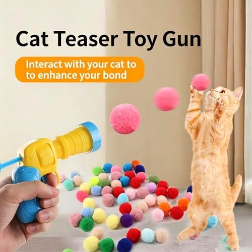 Interactive Cat Ball Launcher Toy with 50 Soft Pom Pom Balls, 3 cm Colorful Plush Ball Cat Toys, Low-Noise Indoor Chase Toy Set for Cats, Kittens, Exercise, Training and Play