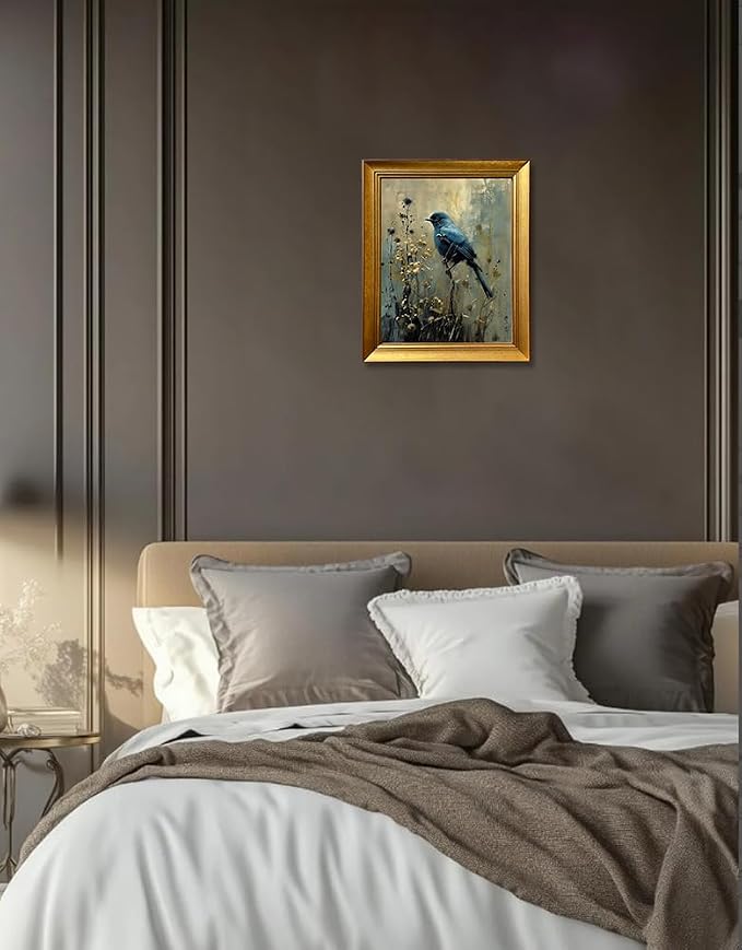 Vintage Blue Bird Wall Art Gold Framed Wall Decor Dark Cottage Core Farmhouse Canvas Print Academia Gothic Aesthetic Moody Botanical Woodland Oil Painting Artworks for Bedroom Living Room Decor