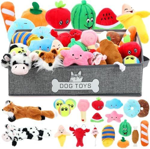 Zopeal 20 Pcs Dog Toy Set with Storage Box, Squeaky Toys, Crinkle No Stuffing Dog Ball & Tennis Balls, Interactive Chew & Fetch Toys for Small and Medium Puppy, Gift for Puppy Lovers