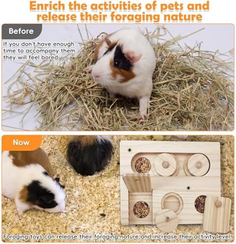 PINVNBY Guinea Pig Foraging Toys with Shelf Hamsters Interactive Enrichment Toys Bunny Wooden Puzzle Snuffle Toy Small Animals Treats Dispenser for Rabbit Chinchillas Rats and Gerbils
