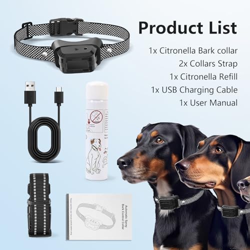 Citronella Dog Bark Collar, Anti Bark Collar with 3 Adjustable Spray & Sensitivity Level [1 Citronella Spray Refill] Automatic No Shock Dog Barking Collar for Small Medium Large Dogs, Grey