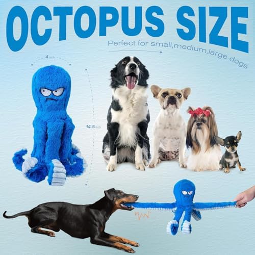 Large Dog Toys, Squeaky Dog Toy, Stuffed Crinkle Blue Octopus Toys 2 Pack | Tough Soft Fabric, Interactive Tug of War Puppy Chew Toys for Teething, Birthday Gift for Pet, Training Reward
