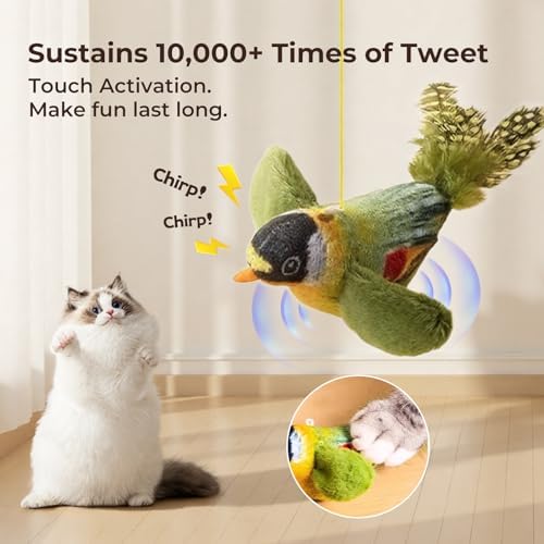 2-pack catnip cat toys that stimulate indoor cats' natural hunting instincts,Interactive plush bird toy with realistic chirping sounds to tease your cat (Green artificial bird + blue artificial bird)