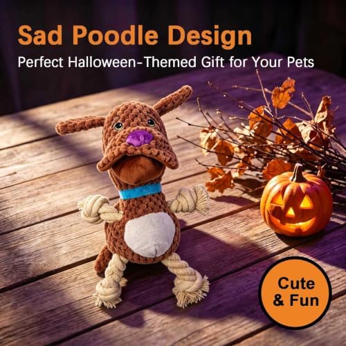 Brown Poodle Squeaky Plush Dog Chew Toy, 10.6 in Rope Crinkle Toy