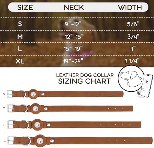 Leather Dog Collar with Airtag Holder - Apple Air Tag Dog Collars - Soft Tracking GPS Pet Collar for Small Medium Large Dogs Breed Puppy (Brown, L, 15"-19" Neck Fit)