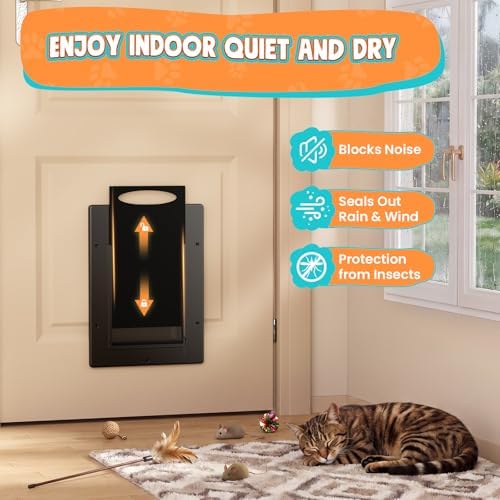 Cat Door for Interior & Exterior Doors, Pets Up to 20 lb, Black | Soft Magnetic Flap, Sliding Lock Panel, Adjustable Tunnel, Save energy, Prevents Paw Pinching, Easy DIY Installation