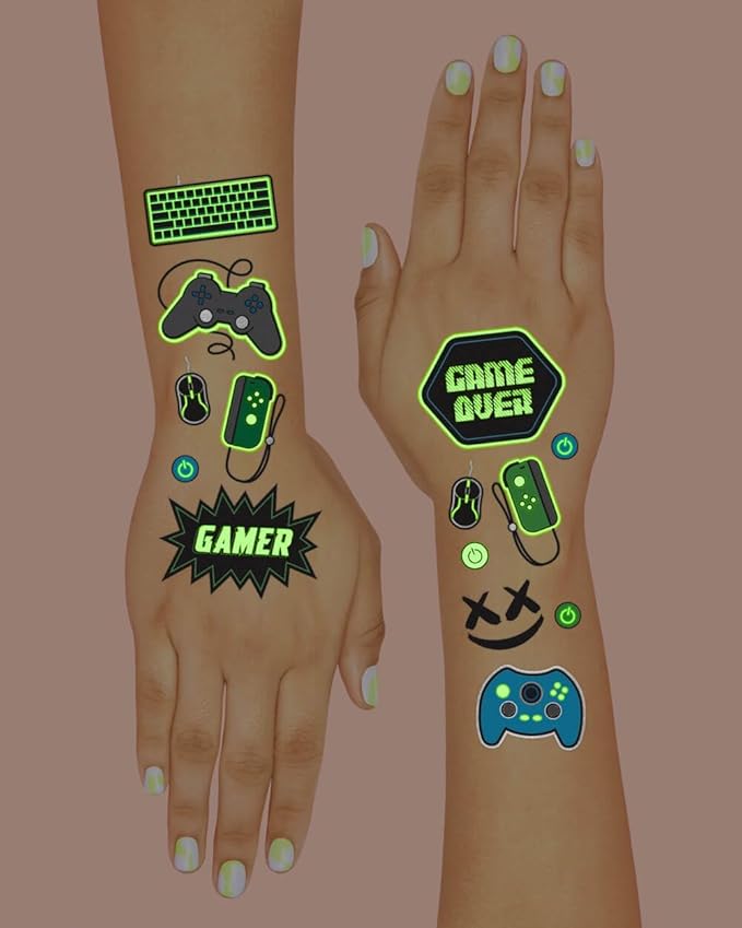 xo, Fetti Video Game Party Supplies Temporary Tattoos - 40 Glow in the Dark Styles | Videogame Birthday Favors, Decorations, Controller, Computer Keyboard, Gamer, Arcade