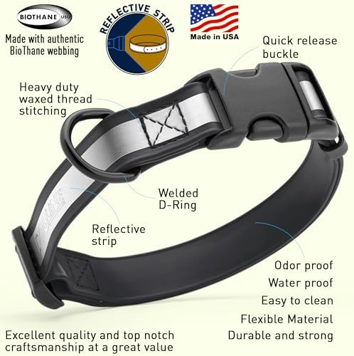 Dogline BioThane Reflective Dog Collar – Waterproof Heavy Duty Dog Collars – High Visibility Quick Release Dog Collar with Sturdy Buckle – Fun Modern Colors – Comfortable and Safe