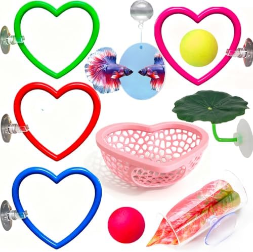 10pcs Betta Fish Tank Accessories Set Betta Hoop Heart Shape Enrichment Rings Hammock Hideout, Floating Mirror, Resting Spot, 2 Floating Balls, and Hideout Tunnel