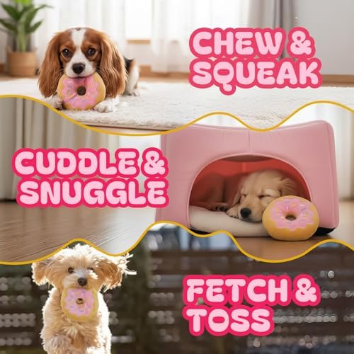 Pink Donut Squeaky Dog Toy – 6 Inch Soft Plush Toy with Built-in Squeaker, Cute Donut Design for Chew, Fetch & Interactive Play for Small to Medium Dogs