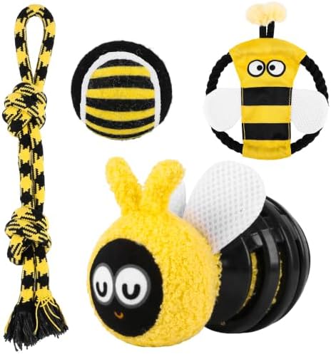 4 Pack Dog Squeaky Toys, Bee Interactive Toys Set, Natural Rope Tug Toy, Crinkle Flying Disc, Tennis Ball ，Puzzle Feeder, Safe Durable Dog Toys for Small Medium Dogs Indoor Outdoor Play