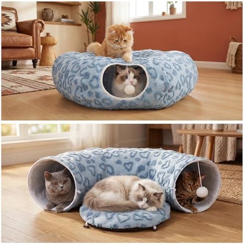 Cat Tunnel Bed, Cute Cat Tunnel Toy with Washable Cushion, Fits Indoor Cats up to 25 lbs, Cute Peekaboo Cave Pet Bed for Kittens, Rabbits, Blue Heart