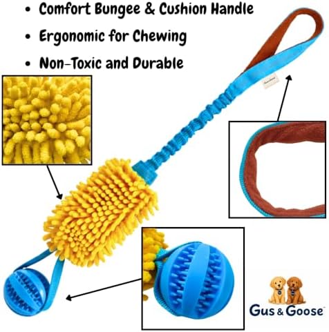 Gus & Goose Dog Tug Toy with Bungee, Comfort Handle, Plush Chew Section, Durable Rubber Ball, for Outdoor and Indoor Play, Blue and Yellow, for Medium and Large Dogs