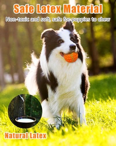 Squeaky Dog Balls, Interactive Funny Puppy Chew Toys for Fetch Play to Keep Them Busy, Latex Rubber Pet Tennis Soccer Ball Toy Bundle (4 Pack) for Medium Breed Dogs