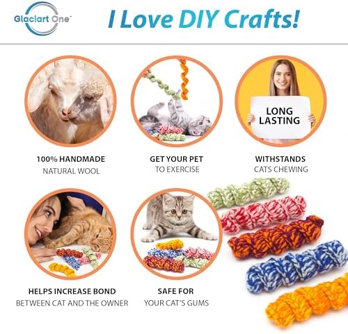 Glaciart One Crochet Spring Cat Toy – 5 Pcs Soft Fuzzy Enrichment 100% Natural Wool Yarn - Interactive Stretchable Play Cat Toy Set - Safe for Pets, Non-AZO Colored Dyes