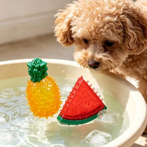 HERCHR Freezable Dog Chew Toy, Fruit Shapes Squeaky hot Weather Cooling Pet Teething Toy Soft Interactive Puppies Chewing Training Tool for Small Medium Dogs (Lemon)