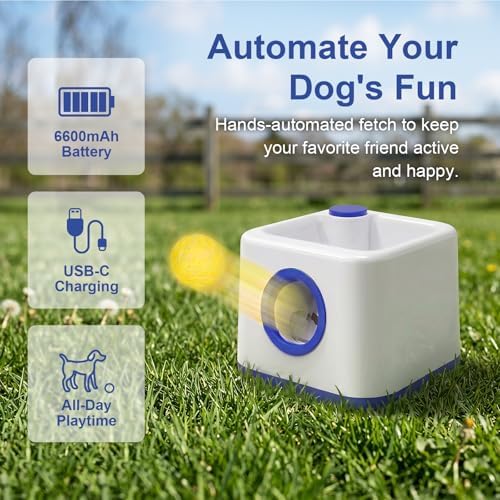 cjc Automatic Dog Ball Launcher,Interactive Fetch Toy for Small/MediumDogs,Pet Ball Thrower Machine for Outdoor Use with 5 PCS Balls,Adjustable Distance 20-40FT(Blue)